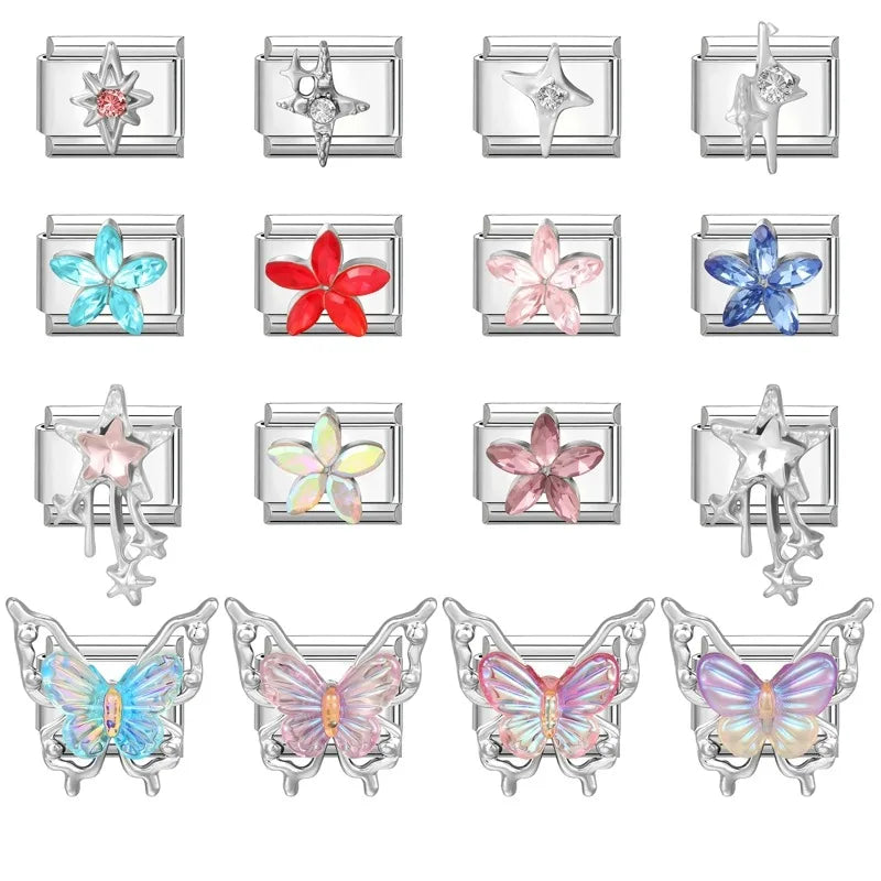 Fashion Zircon Red Blue Pink Flowers Butterfly Stars Tassel Italian Charm Links Fit 9mm Bracelet Stainless Steel DIY Making Gift Qme