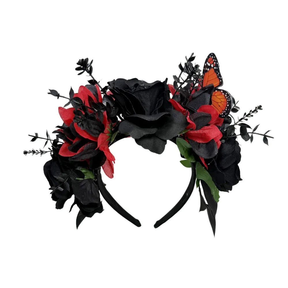 Gothic Halloween Rose Flower Crown with Butterfly Realistic Artificial Flower Headband Simulated Vintage Qme Style D