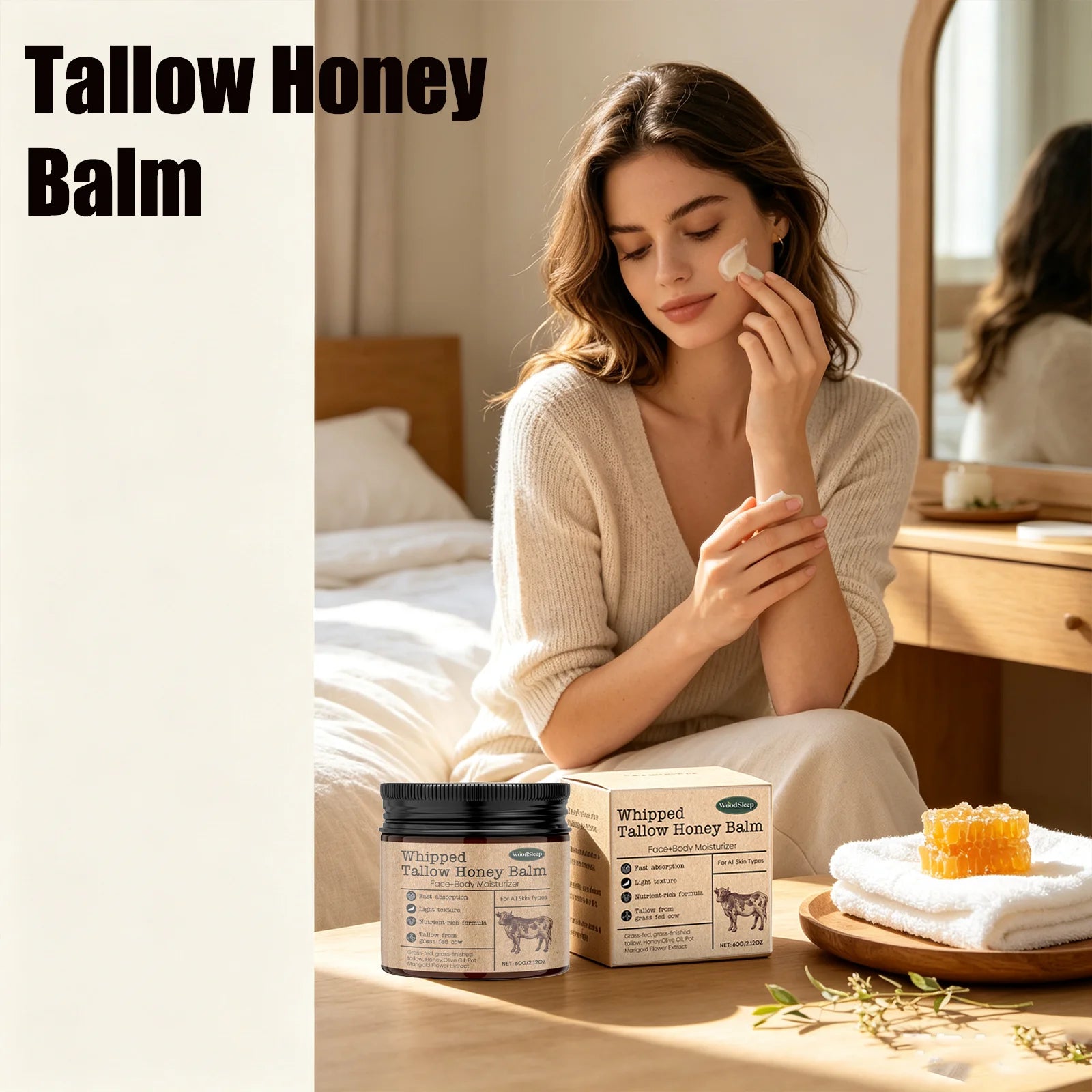 Woodsleep Tallow Honey Balm Deep Dryness Relief Skin Tone Adjustment Long‑Lasting Hydration Moisturizing Cream for Face & Body Qme