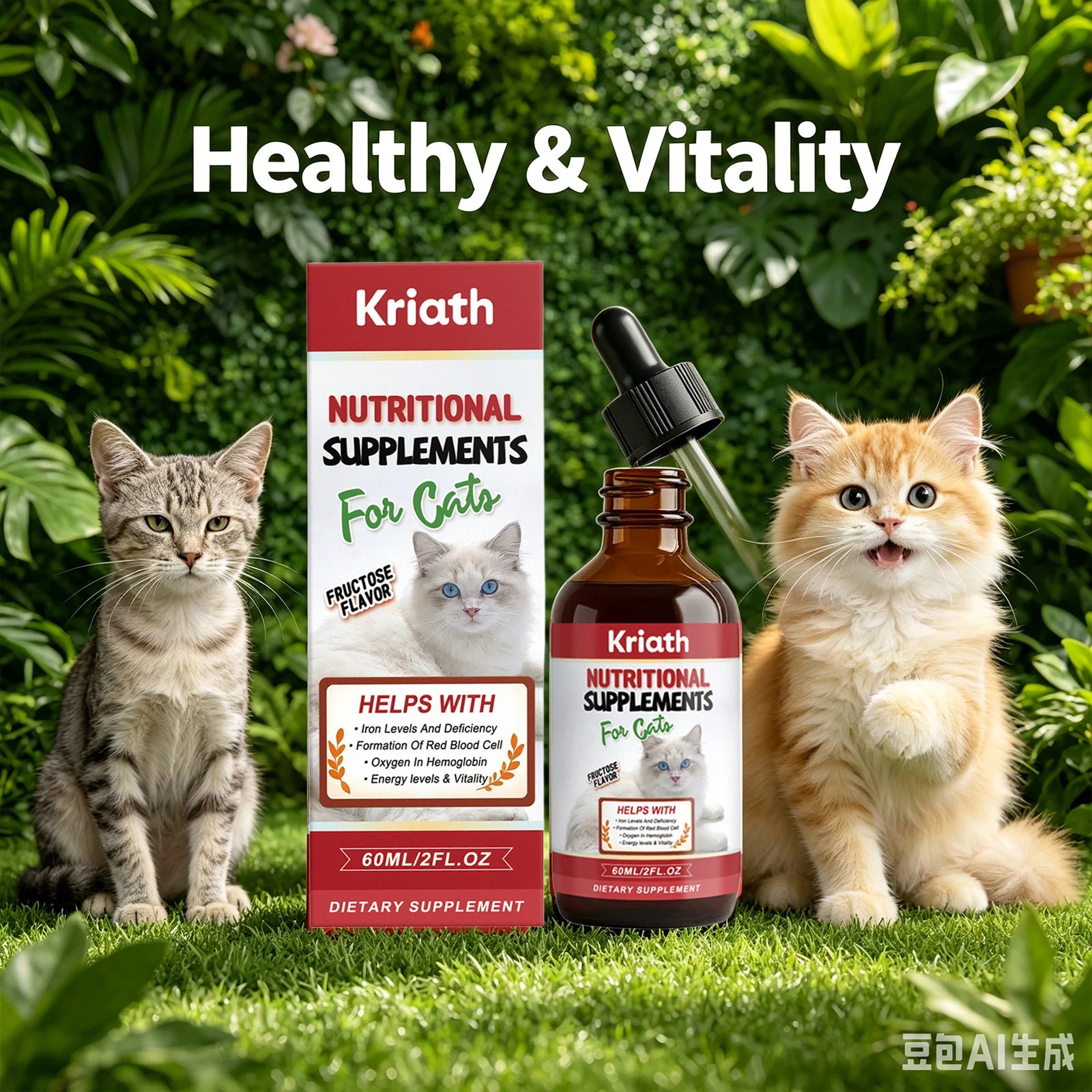 Kriath Cat Nutritional Supplement Drop Boost Energy Vitality & Red Blood Promote Healthy Growth Multivitamin Iron Support Liquid Qme