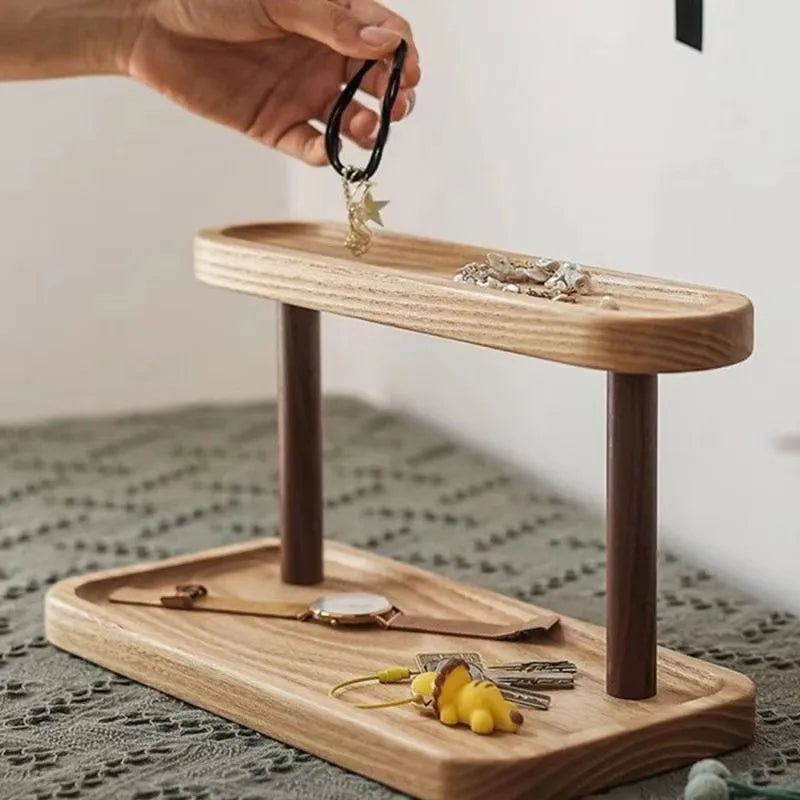 Wooden Double-layer Tray Storage Rack Desktop Cosmetics Jewelry Qme