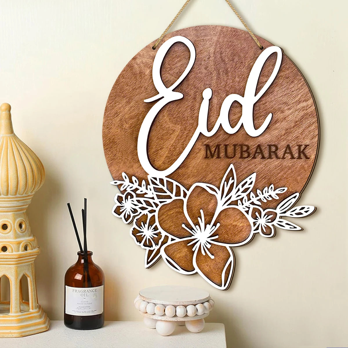 1PC Ramadan wooden retro wall decoration, Islamic style Eid Mubarak hollow flower pattern, holiday blessing decoration Qme Brown
