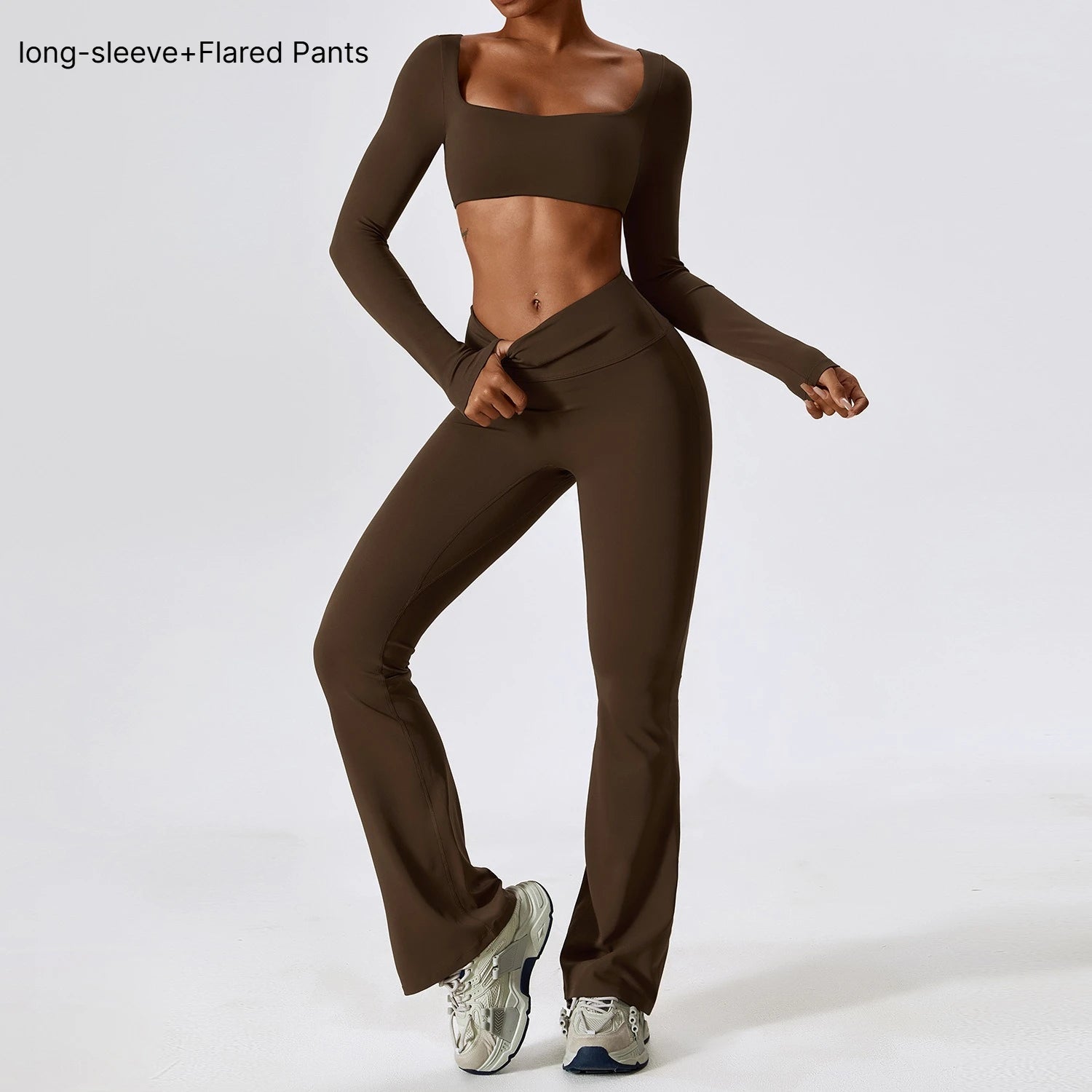 B 2PCS Yoga Suit Sports Set Women Quick-Dry Gym Set Women Tracksuit Running Workout Long Sleeve Sports Shirt Yoga Clothing Qme Top pants coffee S