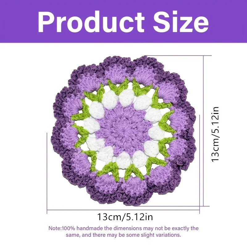 Handmade Crochet Flower Coaster Purple Floral Knitted Cup Mat Absorbent Cotton Mug Pad Non-slip Table Protector Home Decor Qme
