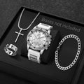 Luxury Sport Men Quartz Watch Jewelry Kit, Hollow Dial Gold Accent Wristwatch Matching Cross Jewelry Present for Boys Qme White Silver No Box