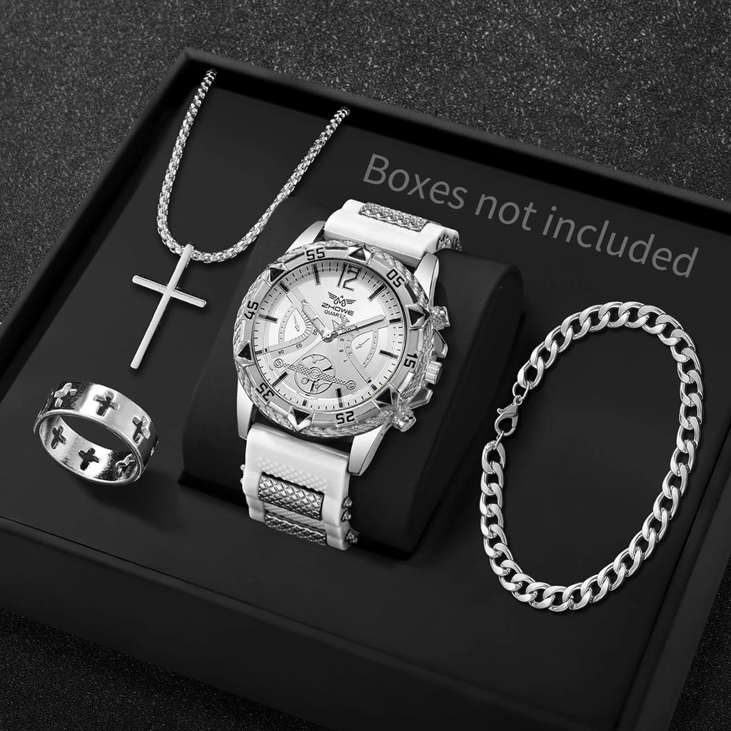 Luxury Sport Men Quartz Watch Jewelry Kit, Hollow Dial Gold Accent Wristwatch Matching Cross Jewelry Present for Boys Qme White Silver No Box