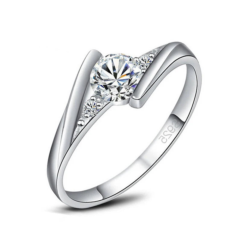 Female Round Zircon Stone Ring Vintage 925 Sterling Silver Color Wedding Jewelry Promise Crystal Engagement Bague for Women Qme 7