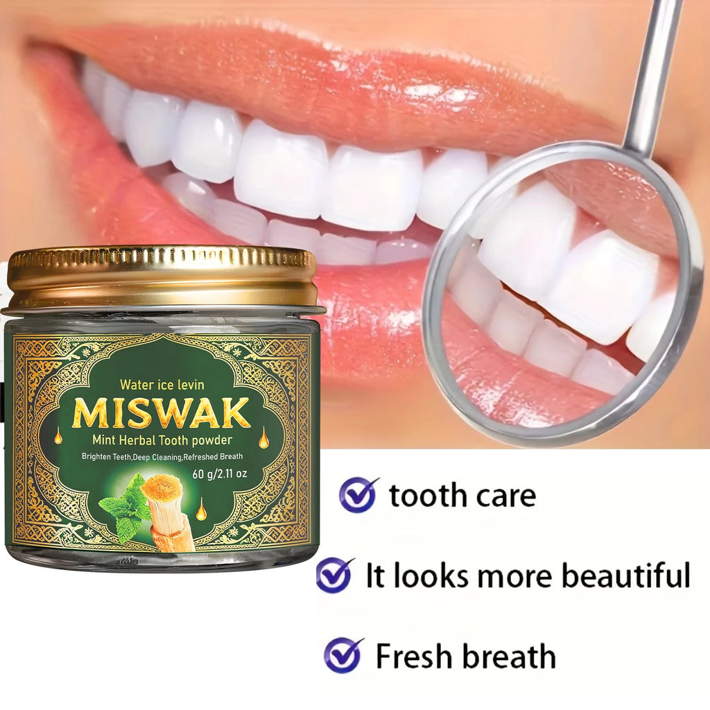 MISWAK Mint Herbal Tooth Powder, Deep Cleaning & Brightening with Charcoal & Hyaluronic Acid for Fresh Breath Qme