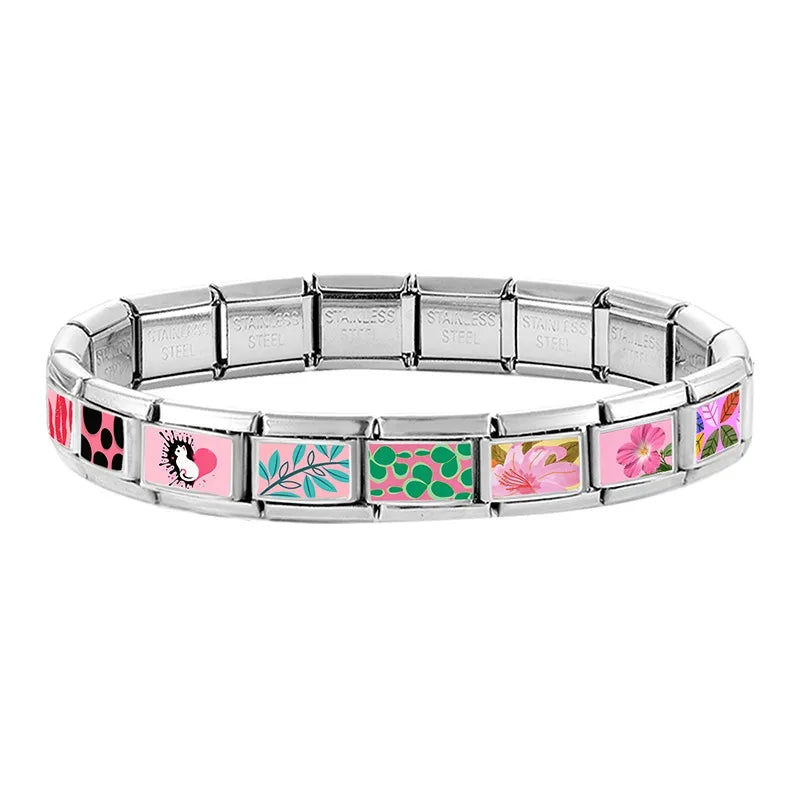 2026 New Original Splash-ink Love Heart Cat Pink Series Italian Link Fit 9mm Stainless Steel Bracelet Making DIY Charm Jewelry Qme