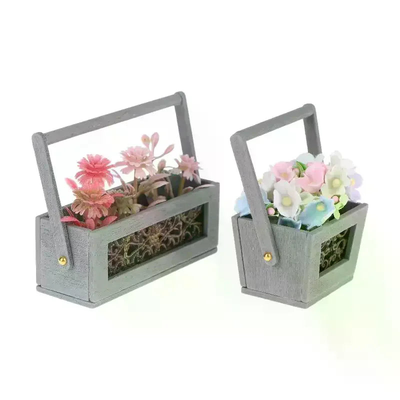 Exquisite Miniature Flower Basket with Artificial Flowers, Perfect Mini Garden Decoration & Micro Landscape Photography Prop Qme