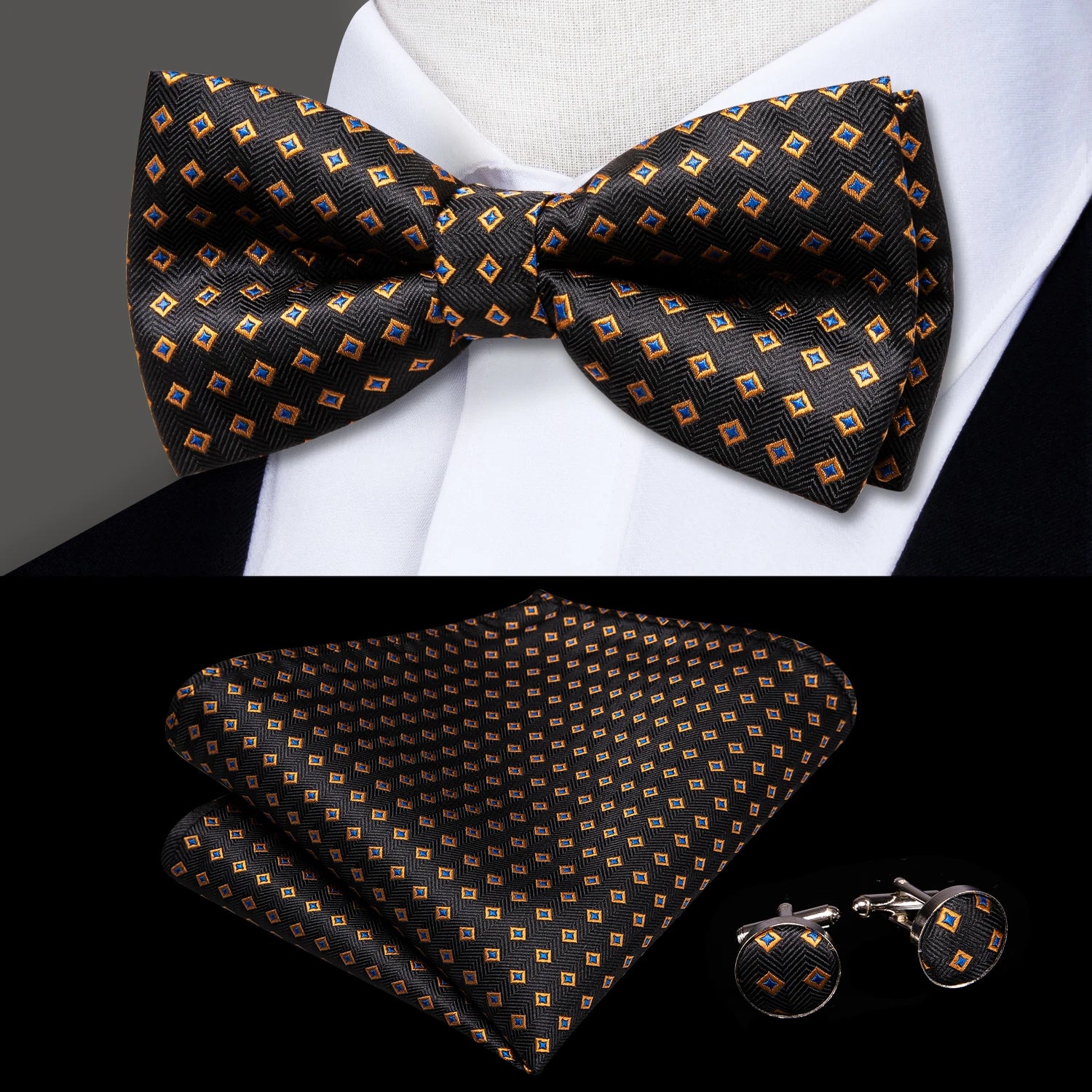 Hi-tie Pre-tied Mens Bowtie Hanky Cufflinks Bow Tie Cravat Male Qme LH-0564