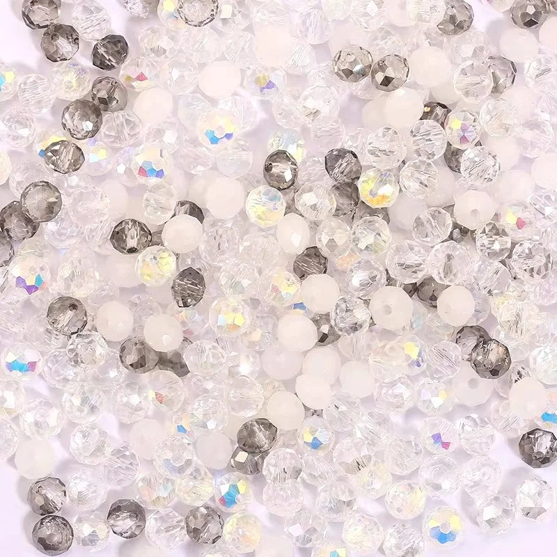 4mm/6mm Briolette Glass Beads Jewelry Making Faceted Rondelle Colorful Crystal Spacer Loose Beads for Bracelet Necklace DIY Qme White series 6mm-100pcs