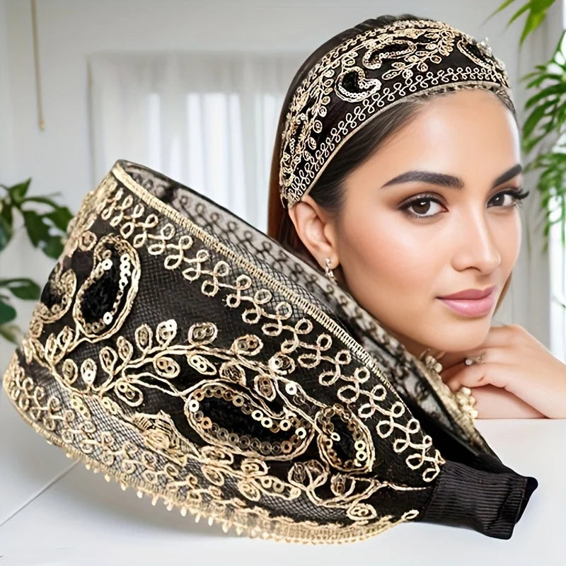 Boho Paisley Embroidered Headband For Women, Non-slip Sequin Lace Hair Band For Daily & Party Qme