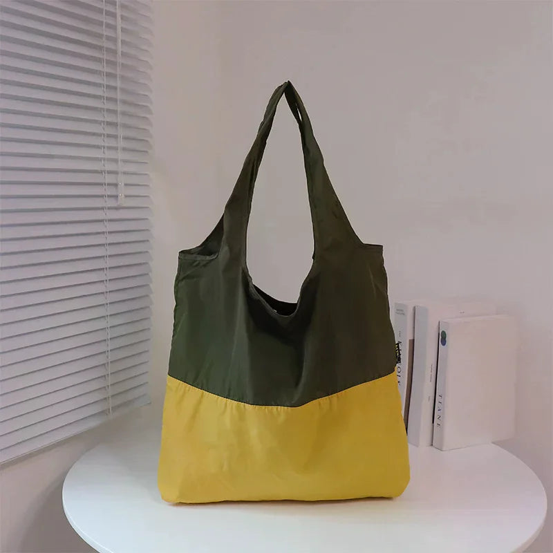 Color-block Patchwork Foldable Shopping Bag Eco-friendly Large Capacity Portable Waterproof Shoulder Bag Qme