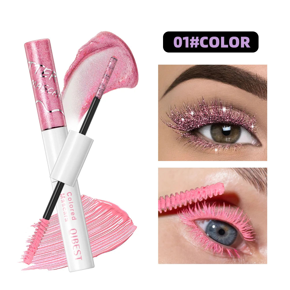 QIBEST Double Headed Diamond Glitter Mascara Long Lasting Colored Mascara Eyelashes Pink Blue Red Voluminous Waterproof Mascara Qme 01