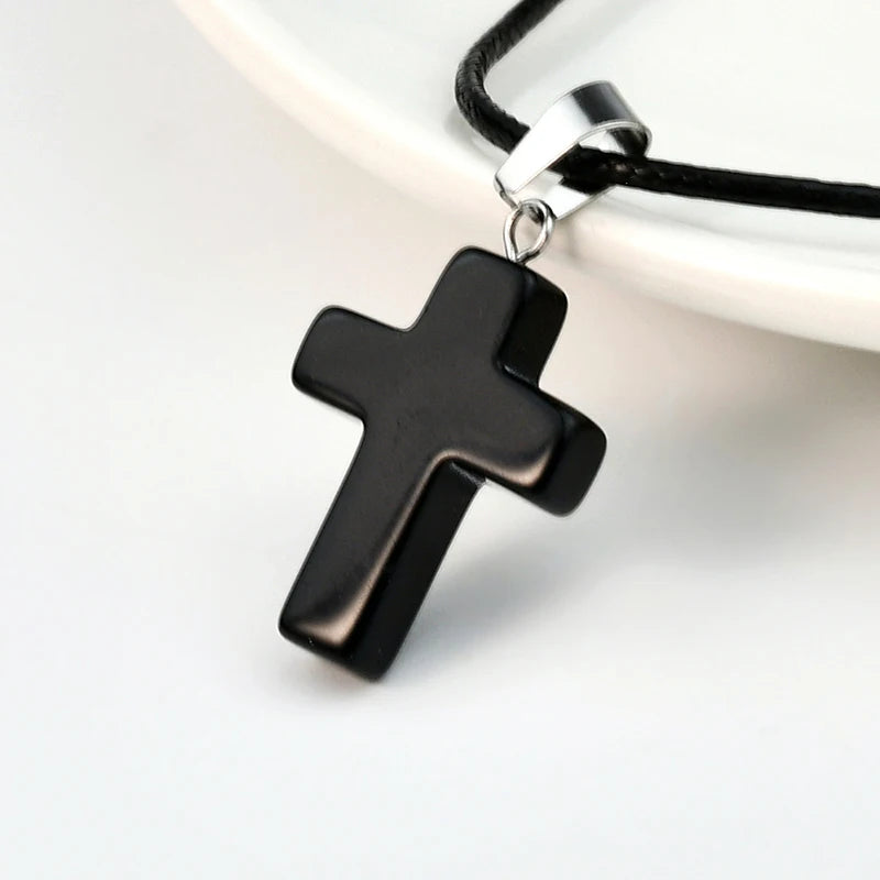 Natural Stone Cross Pendant Necklace, Colorful Punk Rock Style, Street Cool Vintage Y2K Goth Hip Hop Jewelry for Men and Women Qme A5