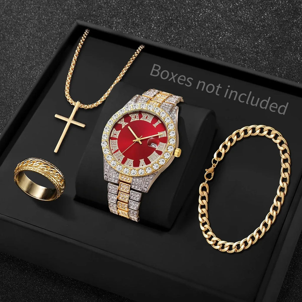 4 In 1 Mens Bling Quartz Watch Jewelry Gift Set Necklace Ring Bracelet Qme