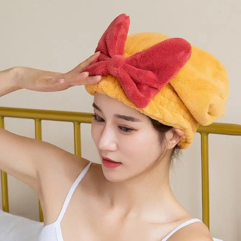 Dry Hair Cap Cute Bow Velvet Towel Ladies Super Absorbent Quick Dry Head Wrap Towel Shampoo Bath Caps Bathroom Toiletries Qme Yellow