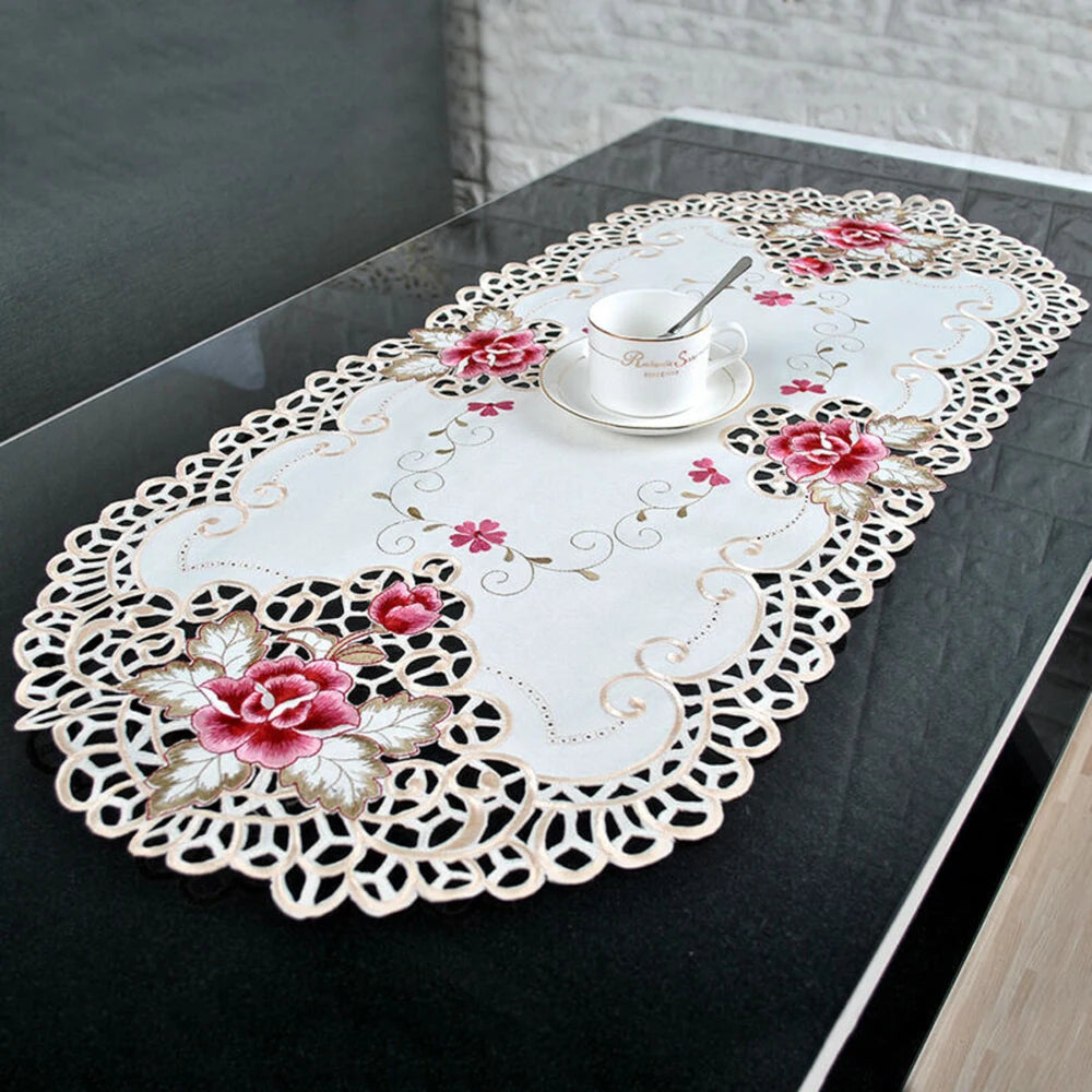 40x85cm Oval Vintage Embroidered Lace Tablecloth Elegant European Rustic Floral Table Decor Floral Satin Fabric Table Cloth Qme Default Title