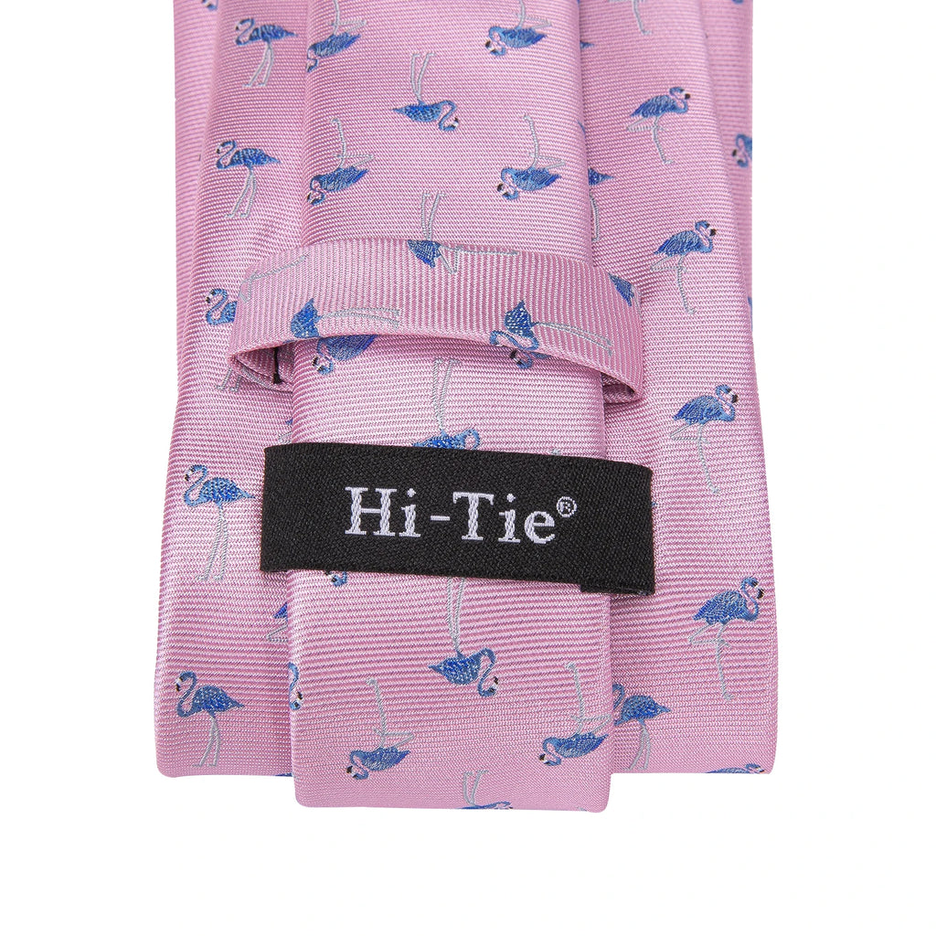 Hi-tie Designer Pink Blue Flamingo Print Silk Ties Men Handkerchief Qme