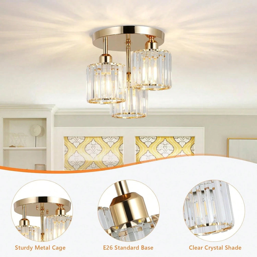 3-Light Modern Semi-Flush Mount Ceiling Light, Gold Crystal Glass Close To Ceiling Lighting Fixture For Kitchen Hallway Bedroom Qme