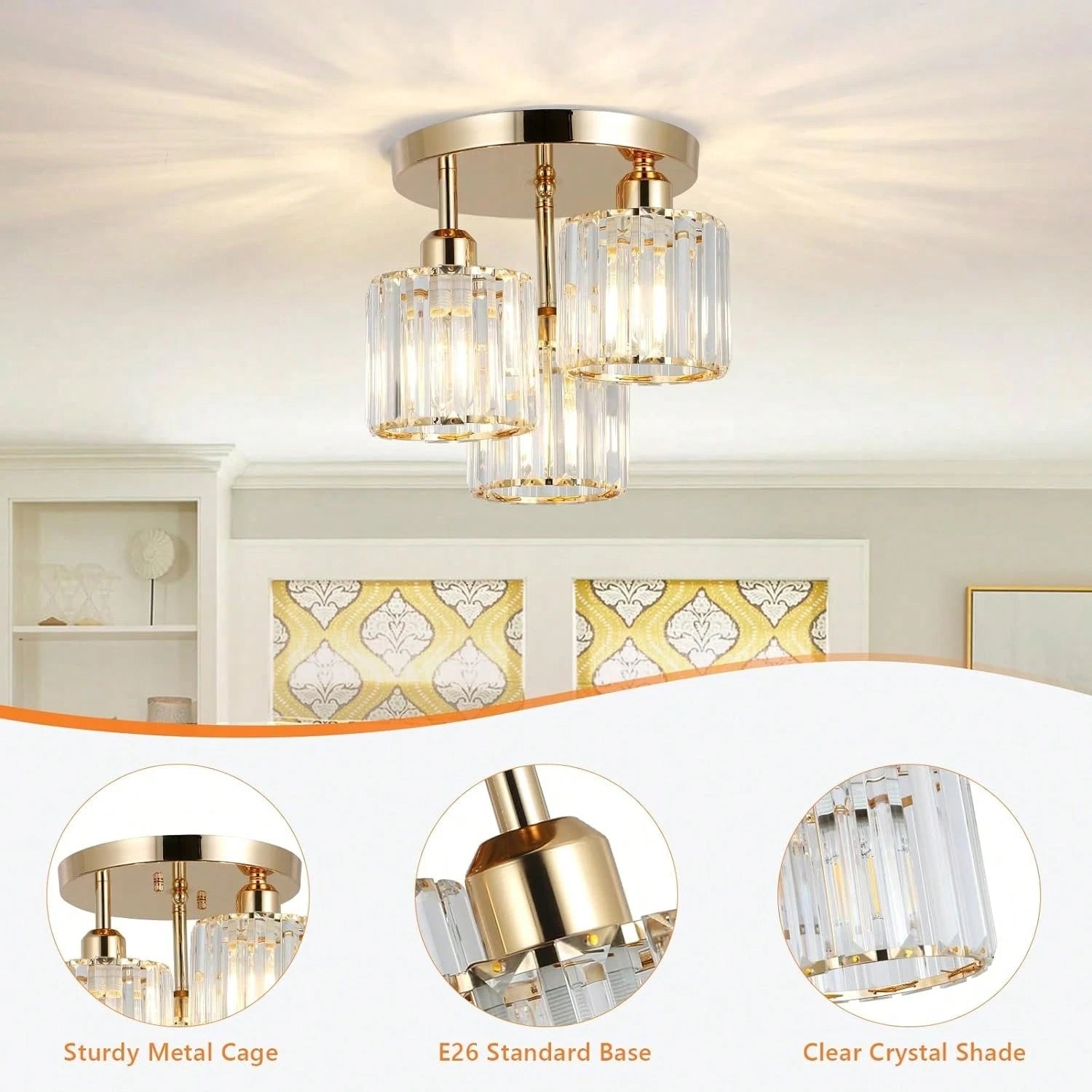 3-Light Modern Semi-Flush Mount Ceiling Light, Gold Crystal Glass Close To Ceiling Lighting Fixture For Kitchen Hallway Bedroom Qme