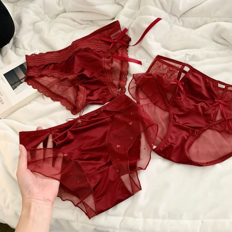 Women Cherry Red Lucky Satin Mesh Panties 10A Extended Mulberry Silk Qme