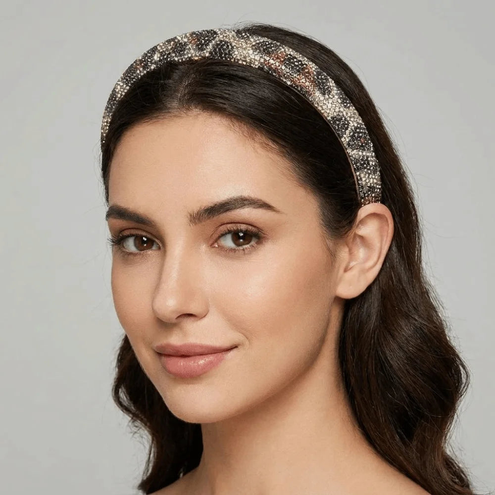 Simple Bling Rhinestone Headband Wide Luxury Leopard Print Hairband Non-slip Glittering Women Hair Hoop Banquet Qme