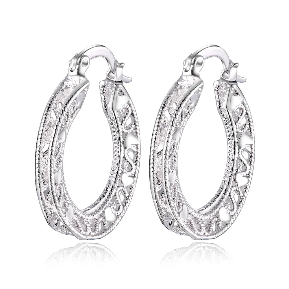 1Pair 925 Sterling Silver Earrings for Women Jewelry Exquisite Round Carved Wedding Heart Christmas Gifts Party Qme