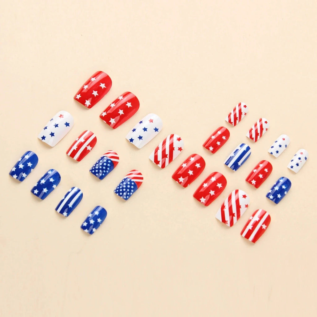 Detachable European Square False Nails Mid Long Style Red Blue Star Stripes Independence Day Wearable Nail Tips Beauty Qme