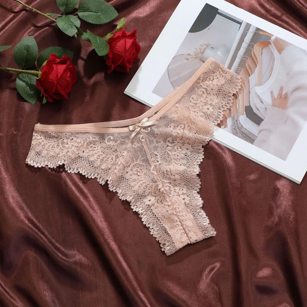 Cotton Crotch Women Lace Flower Briefs Low Waist Traceless Thong Qme Apricot L 1pc