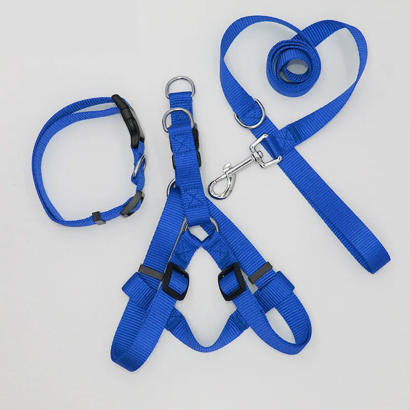 B 2/3Pcs Solid Nylon Dog Harness Collar Leash Set, Adjustable Breathable Traction Kit For Dogs Daily Walking Training Qme Blue 3pcs set 2.0