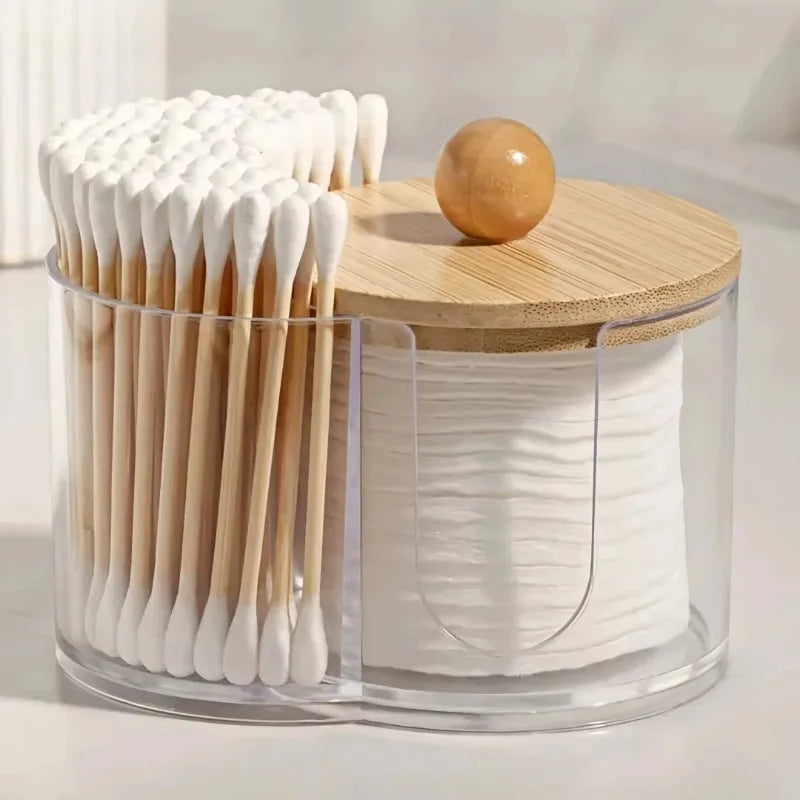 Holder with Dual Compartments - Clear Cotton Swab and Cotton Balls Organizer - Transparent Bathroom Storage Container for Makeup Qme