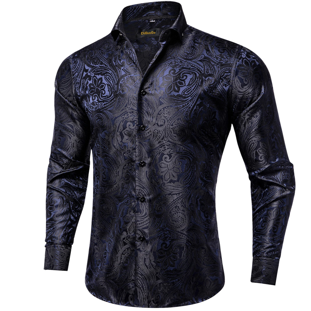 Single Paisley Long Sleeve Shirt Men, Gold or Purple or Black or Blue or Brown, Loose Button Collar Daily Casual Wear Qme