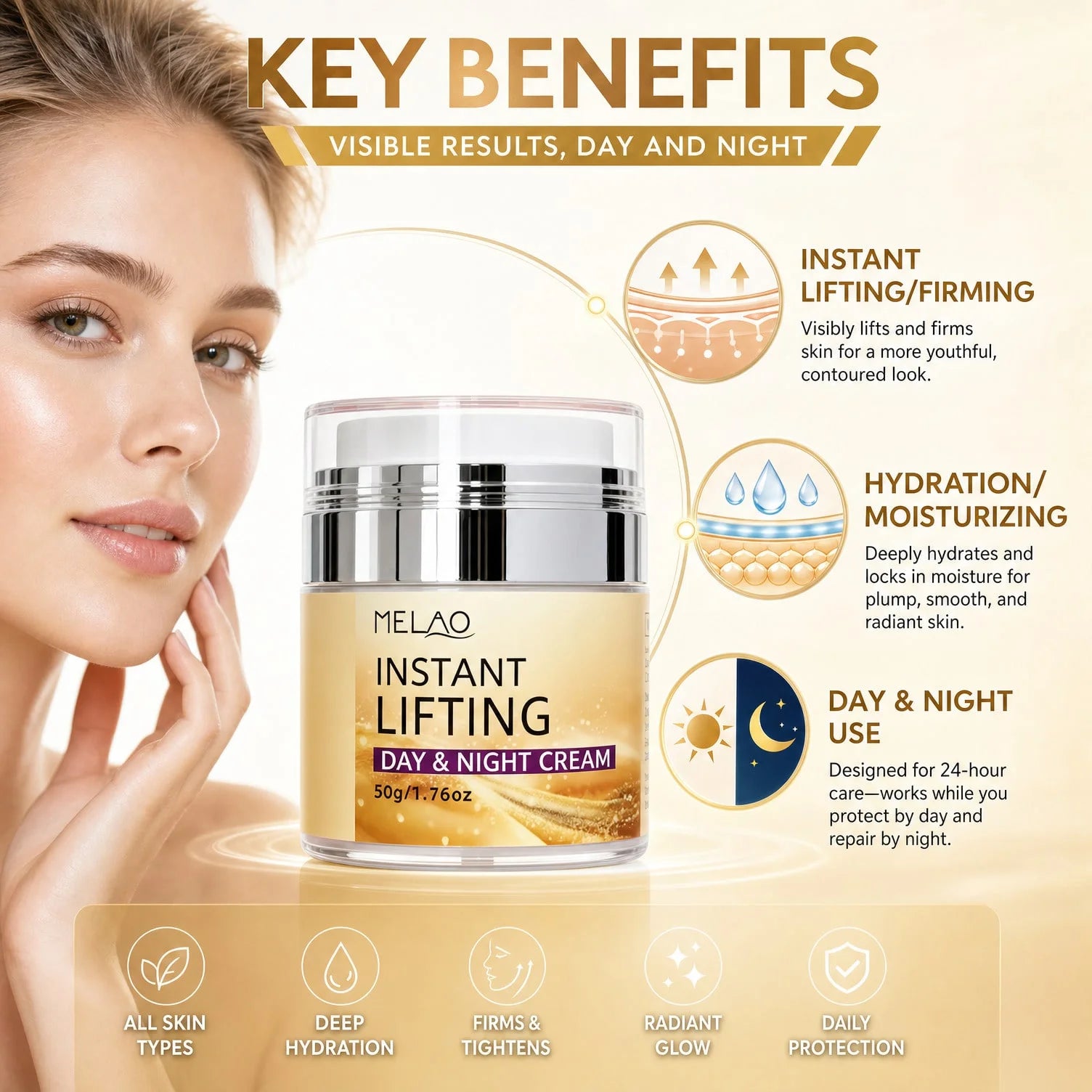 MELAO Instant Lifting Day & Night Cream,Firming Facial Moisturizer, 24H Hydrating Face Cream for Fine Lines & Wrinkles Qme