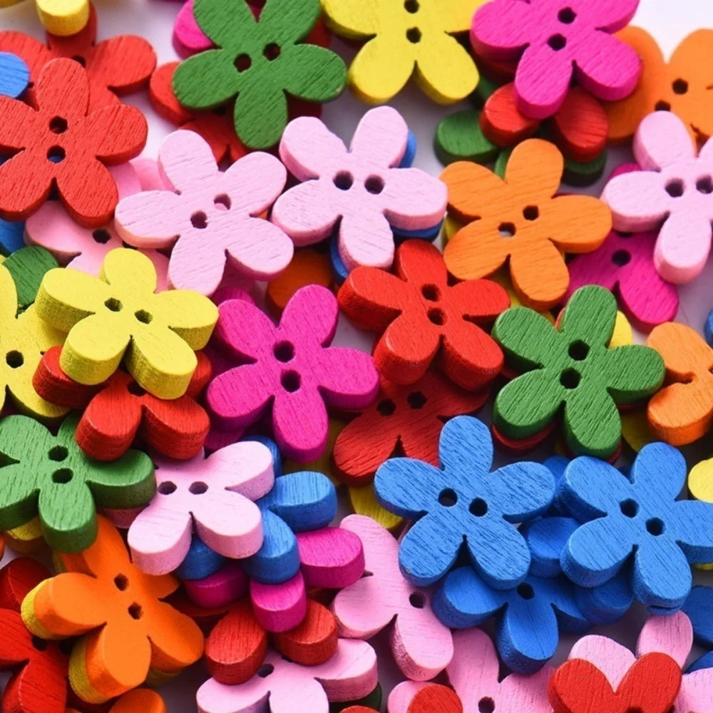 100 Pcs 2-hole Mixed Flower Wooden Decorative Buttons Suitable for Sewing Clip Arts and Crafts Multicolor 14x15mm Qme