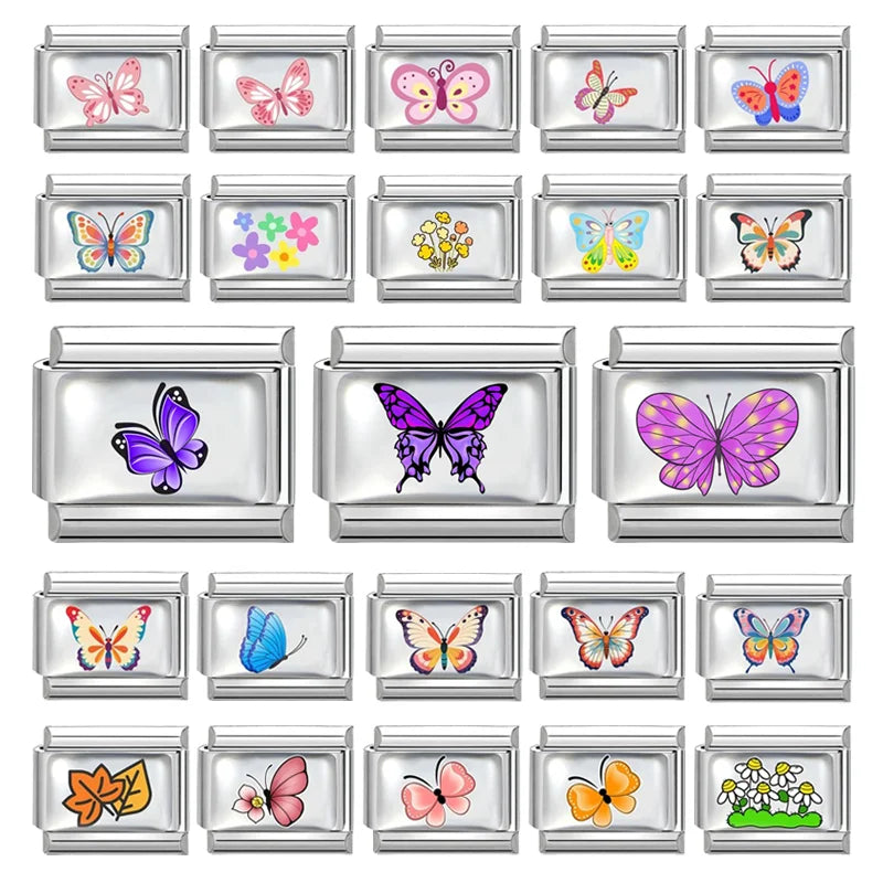 New Y2K Attractive Purple Butterfly Colorful Flower Italian Charm Link fit 9mm Stainless Steel Jewelry DIY Making Bracelets Gift Qme