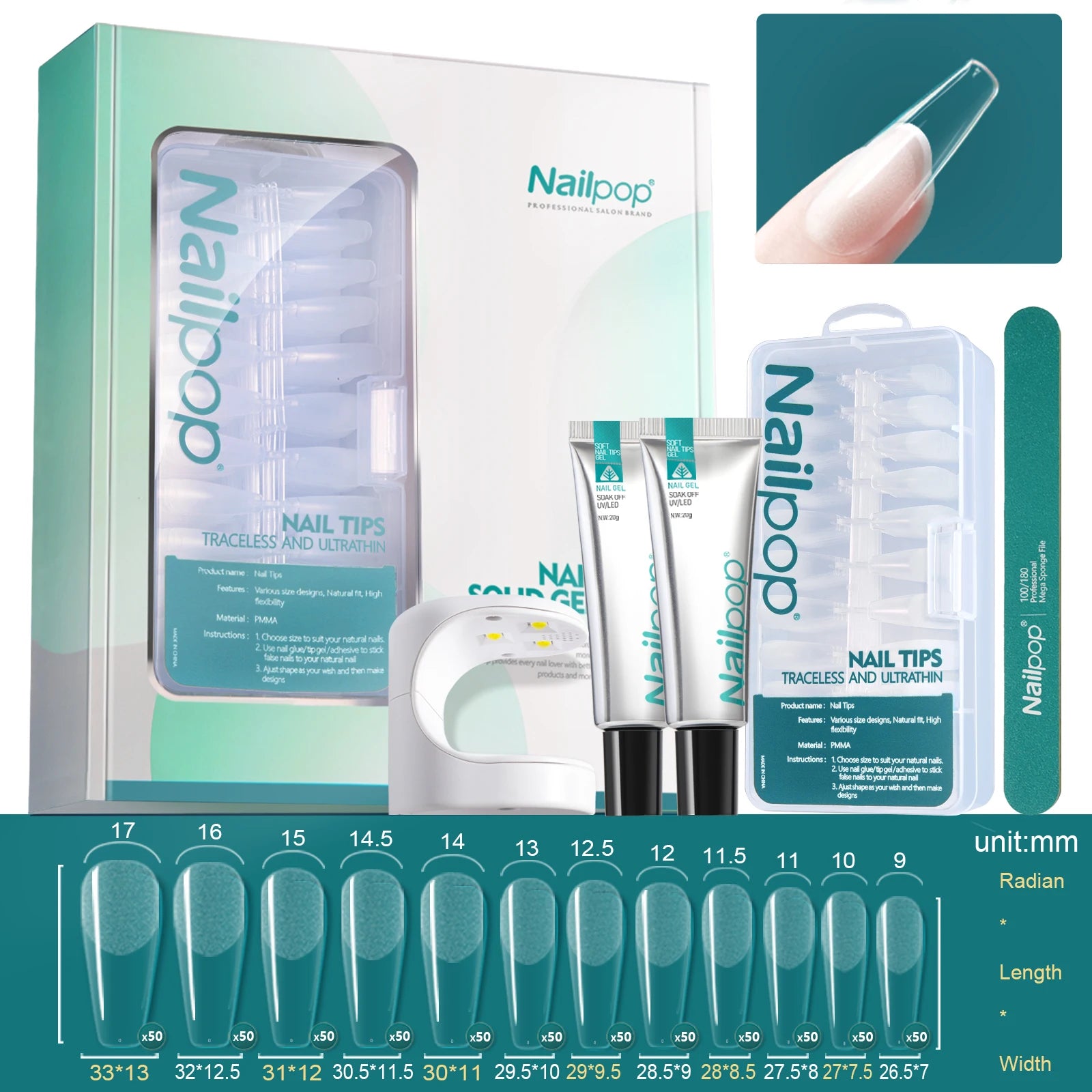 Nailpop Salon Nail Soft Gel Polish UV LED Lamp Tips Double File DIY Qme MJT-SET-63c