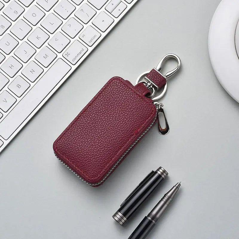High-end Leather Key Case Unisex Zipper Lock Pouch Perfect Car Home Qme Burgundy