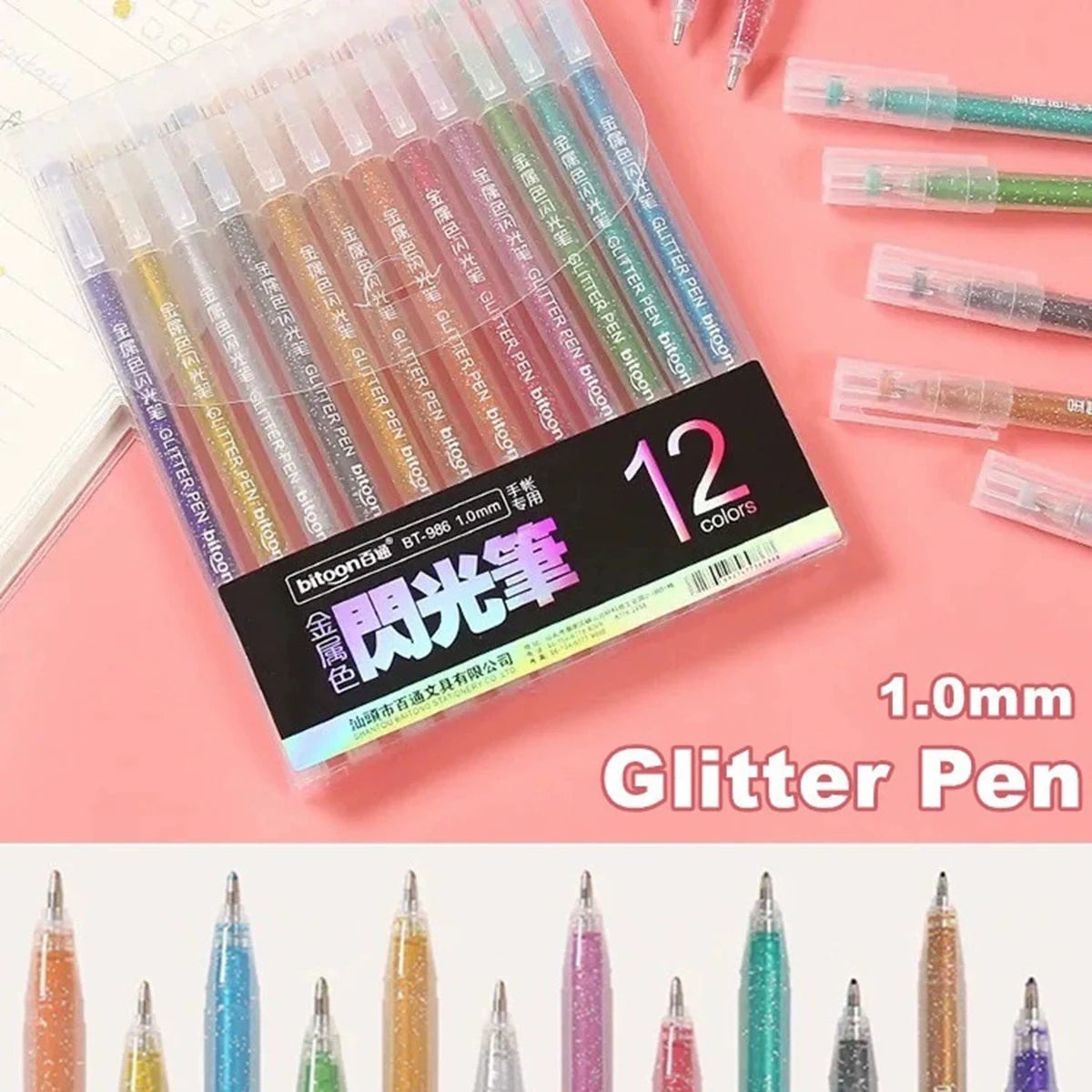 Metallic Glitter Gel Pens - Pens For Scrapbook, Journals or Drawing DIY Projects - Colored Metallic 1.0mm Ink - 12 Pack Qme