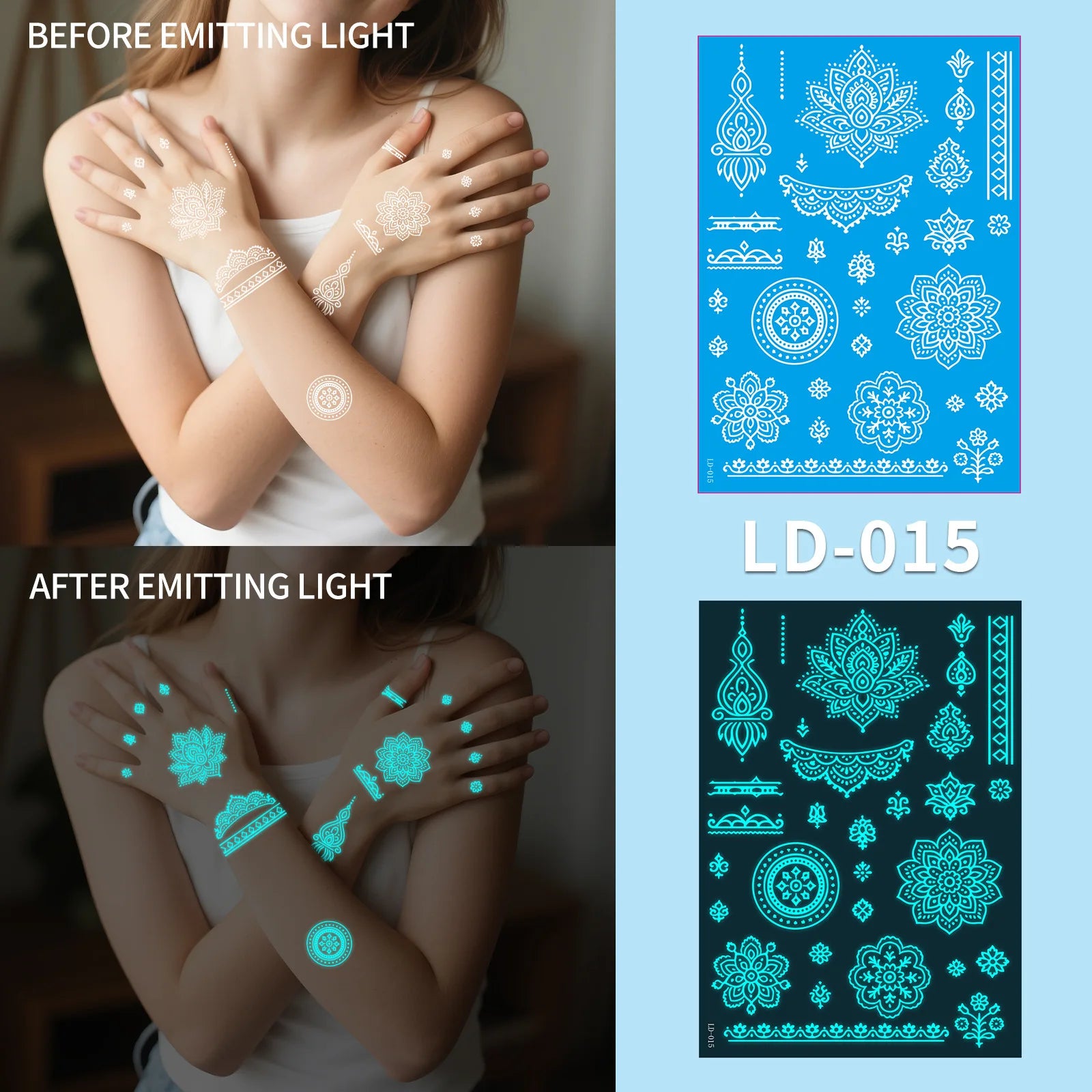 A 6/9pcs Blue Luminous Waterproof Temporary Tattoo Sticker Geometric Butterfly Flower Moon Women Men Arm Body Art Fake Tattoos Qme