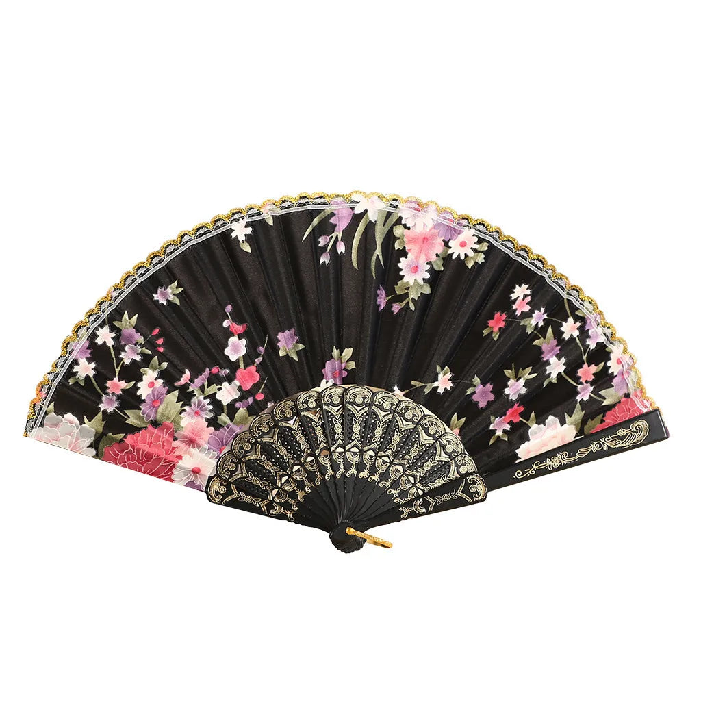Best Dance Wedding Party Lace Silk Folding Hand Held Flower Fan Multi Color Patterned Plastic Folding Fan Dance Fan Qme