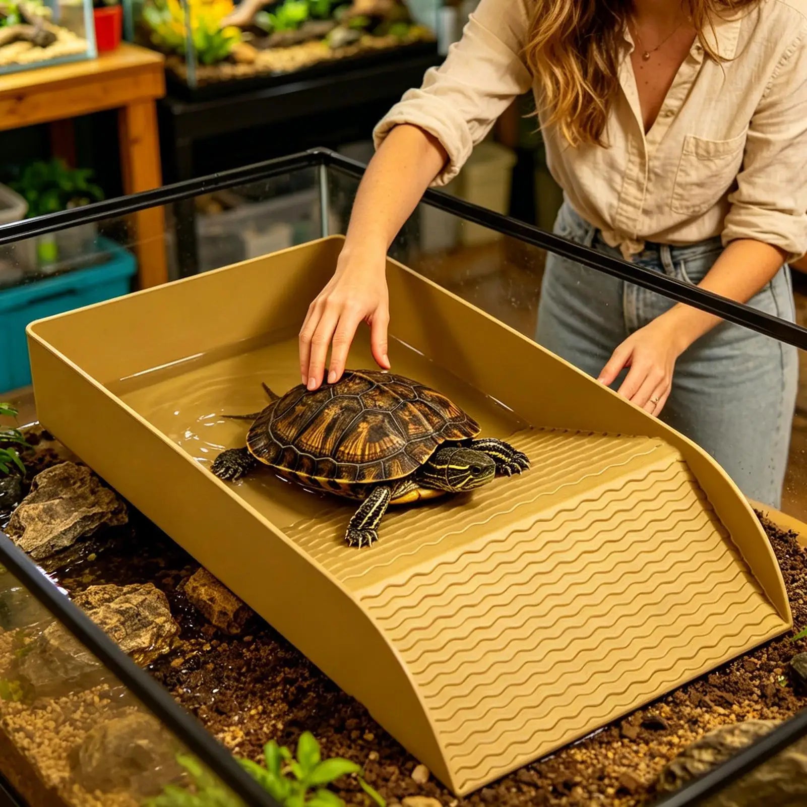Tortoise Water Bowl Reptile Bathing Dish with Ramp Aquarium Ornament Water Bowl for Turtle Bearded Dragon Lizard Gecko Snake Qme