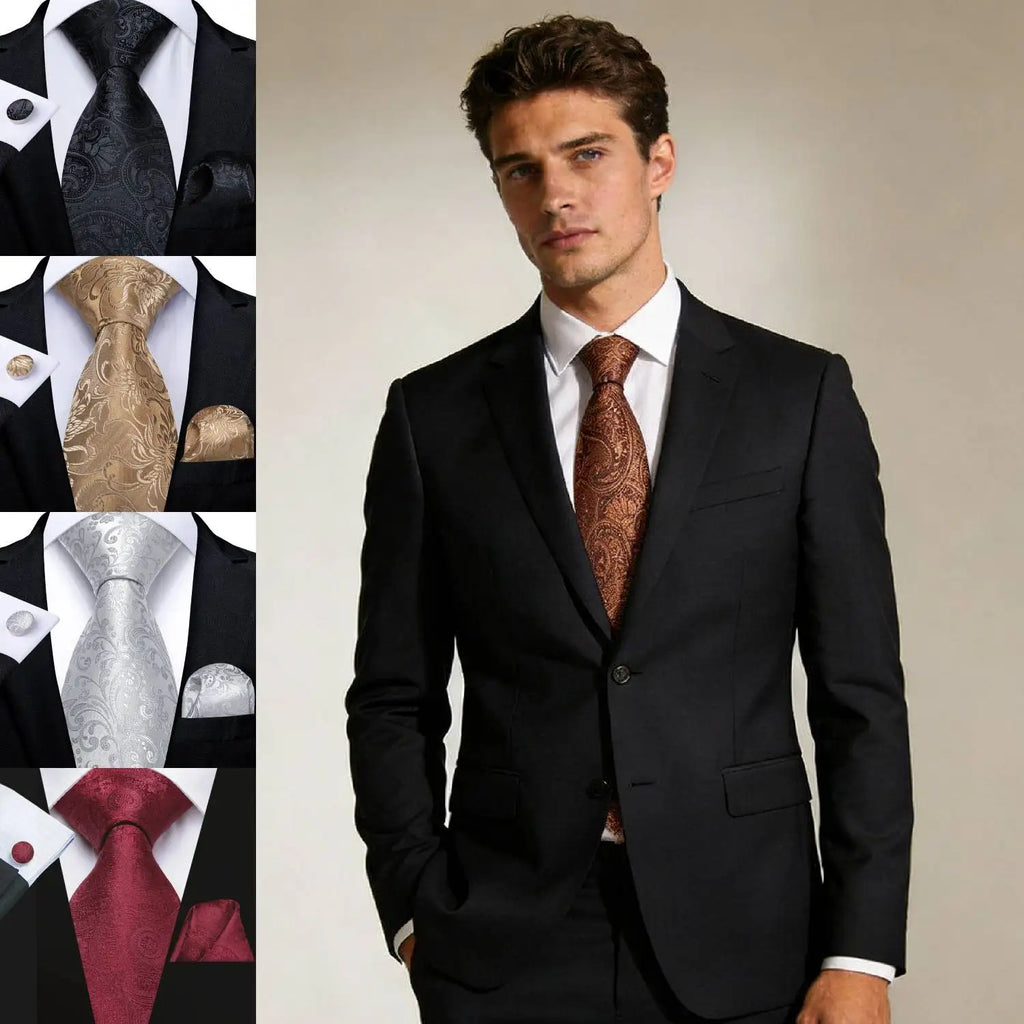 Tie Set for Men, 3-Piece Wedding Accessories with Cufflinks & Pocket Handkerchief, Striped/Floral Design Qme
