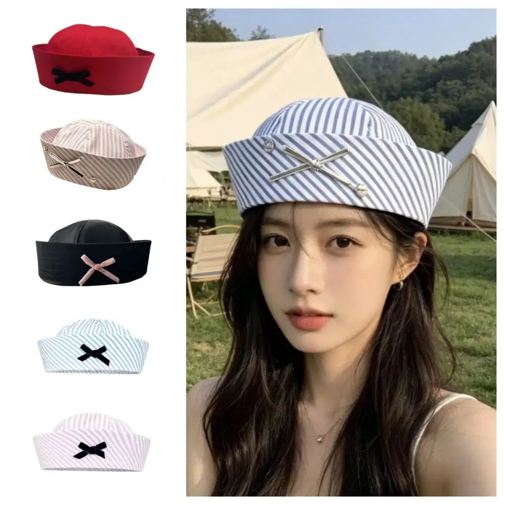 Fashion Y2K Stripe Sailor Hat Bow JK Navy Octagonal Polyester Captain Qme