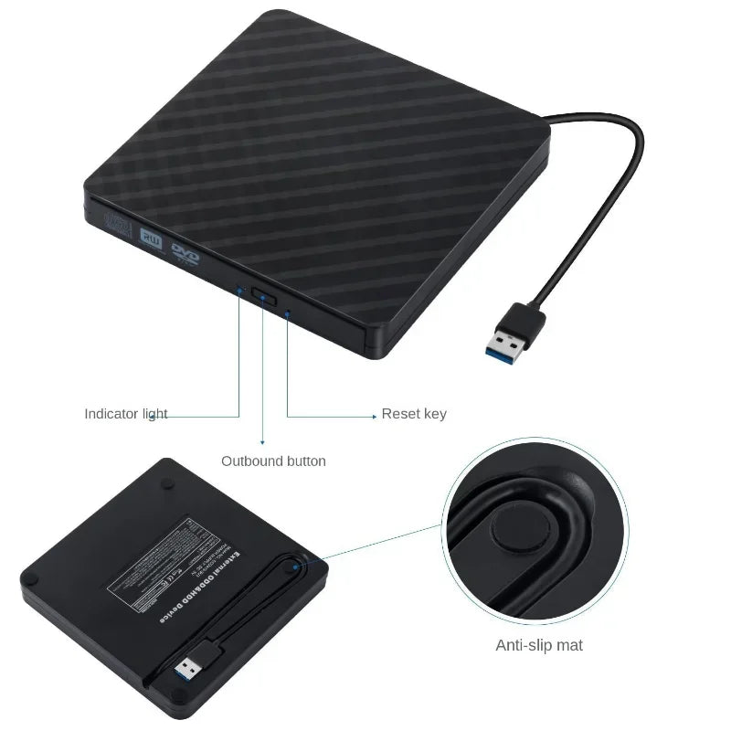 Black White Portable USB 3.0 External DVD Burner CD/DVD ROM CD RW Player Optical Drive Writer Recorder for Laptop Computer PC Qme