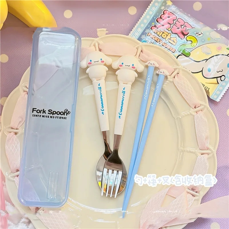 Hello Kitty Cartoon Children's Tableware Spoon Portable Two-Piece Set for Students Stainless Steel Fork and Spoon Set Qme 9