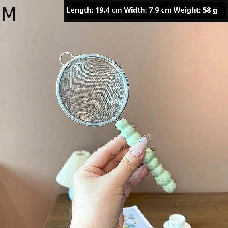 Tea Strainer Pearl Ceramic Handle Stainless Steel Fine Leak Mesh Qme Green M
