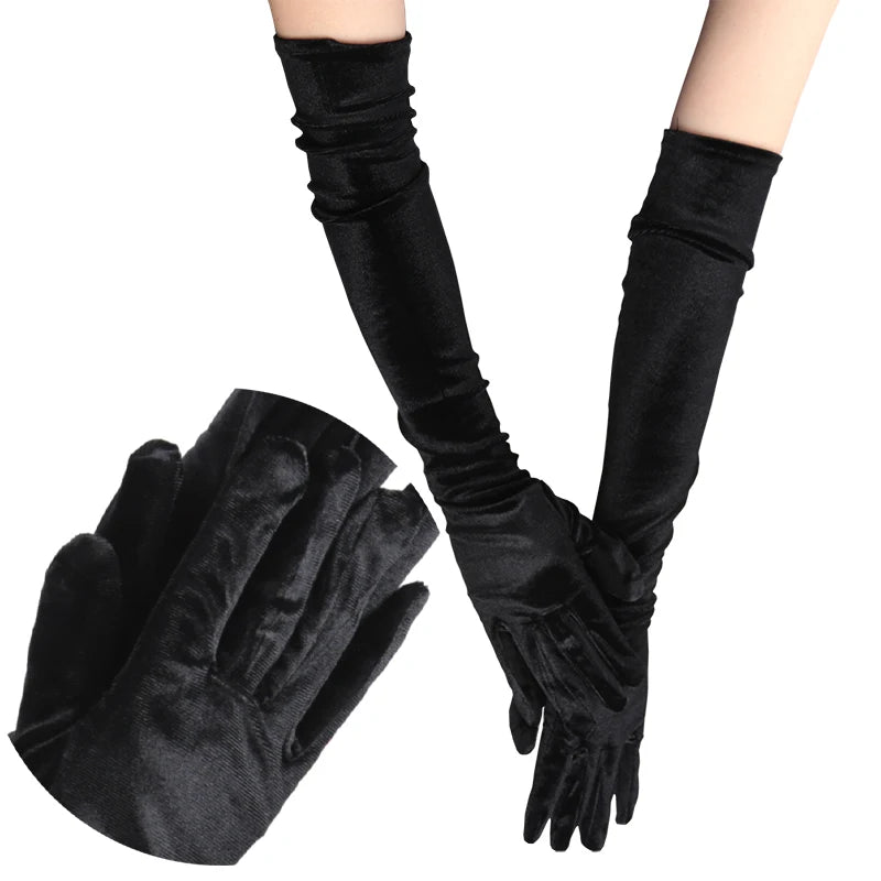 Women Velvet Long Autumn Winter Warm Black Evening Dress Etiquette Gloves Retro Style Banquet Accessories Elasticity Mittens Qme