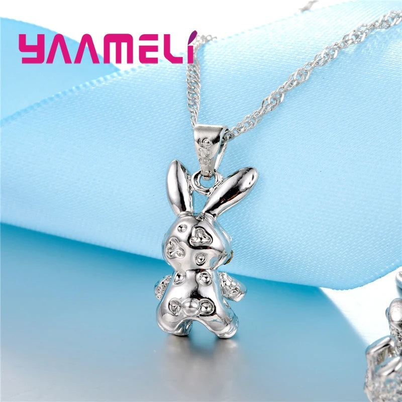 Lovely Cute Rabbit Gifts for Women Girls 925 Sterling Silver Color Jewelry Sets AB Colored Cubic Zircon Necklace Dangle Earrings Qme